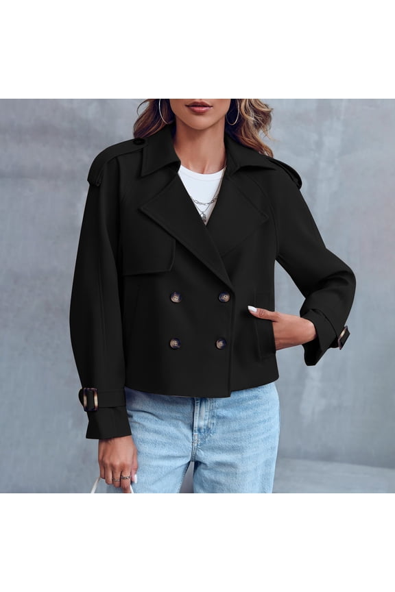 Women Double Breasted Cropped Trench Coat Relaxed Fit Work Office Crop Jacket With Pocket​, Black