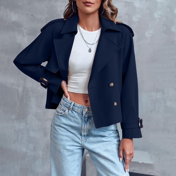 SwiftWear Women Double Breasted Cropped Trench Coat Relaxed Fit Work Office Crop Jacket With Pocket​, Navy