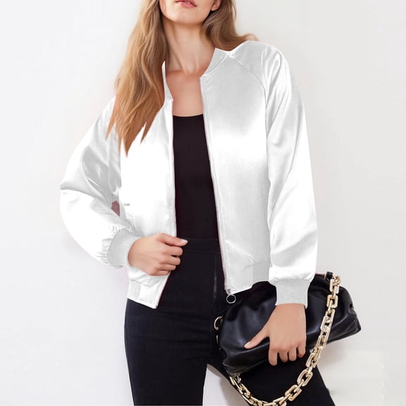 SwiftWear Women Lightweight Cropped Bomber Jacket Zip Up Casual Trendy Outerwear Windbreaker with Pockets, White