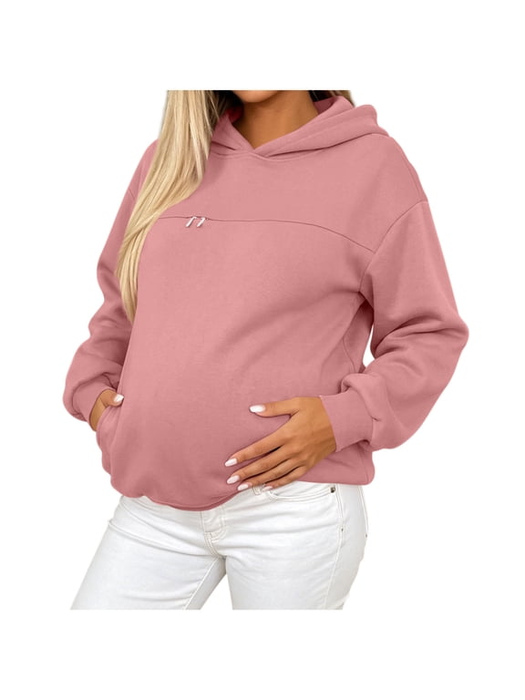Women Maternity Zip Hoodie Long Sleeve Oversized Sweatshirt Soft Casual Pregnancy Hooded Jacket with Pockets
