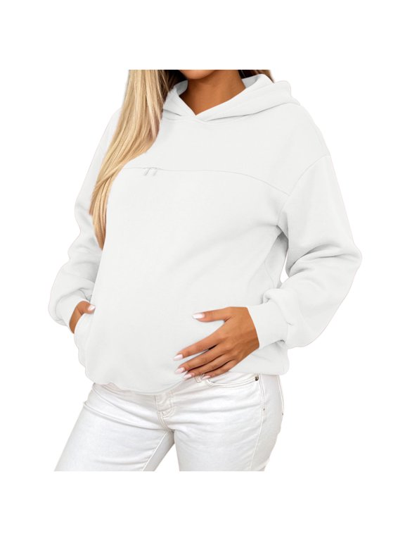 Women Maternity Zip Hoodie Long Sleeve Oversized Sweatshirt Soft Casual Pregnancy Hooded Jacket with Pockets