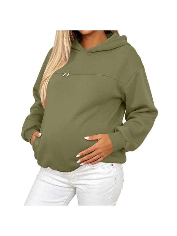 Women Maternity Zip Hoodie Long Sleeve Oversized Sweatshirt Soft Casual Pregnancy Hooded Jacket with Pockets