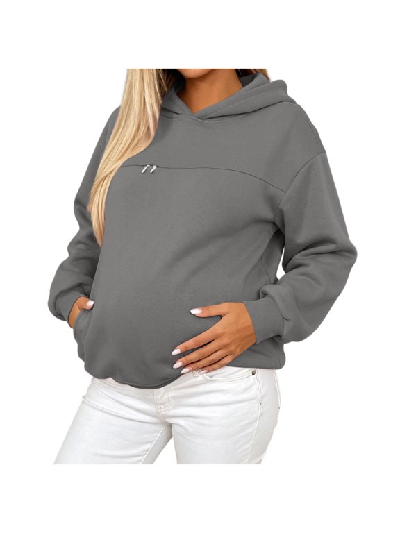 Women Maternity Zip Hoodie Long Sleeve Oversized Sweatshirt Soft Casual Pregnancy Hooded Jacket with Pockets