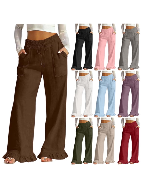 Women Summer Lightweight Cotton Linen Wide Leg Pants High Waisted Drawstring Casual Palazzo Pants with Pockets Ruffle Hem