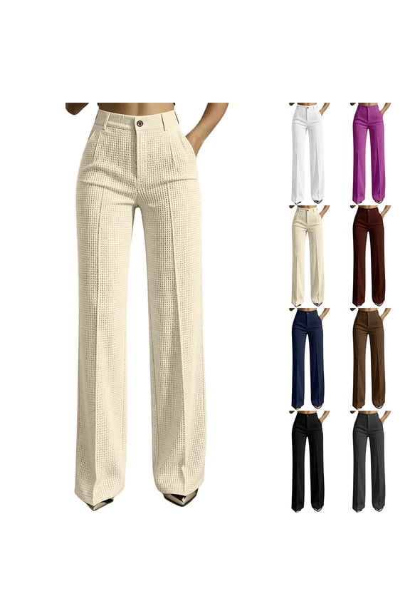 Women Waffle Knit Wide Leg Pants High Rise Button Front Trousers with Pockets Office Casual Business Work Trousers