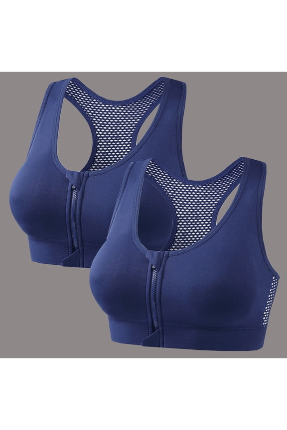 Women's 2 Pack Racerback Sports Bra Front Zip Wireless Workout Bra with Breathable Mesh Medium Support for Running Yoga Gym & Training