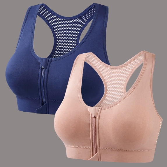 SwiftWear Women's 2 Pack Racerback Sports Bra Front Zip Wireless Workout Bra with Breathable Mesh Medium Support for Running Yoga Gym & Training