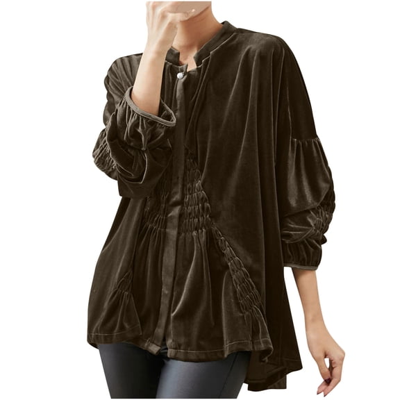 SwiftWear Women’s 3/4 Puff Sleeve Vintage Velvet Tops Loose Fit Blouse Soft Fall Winter Elegant Shirt Trendy​​ Brown