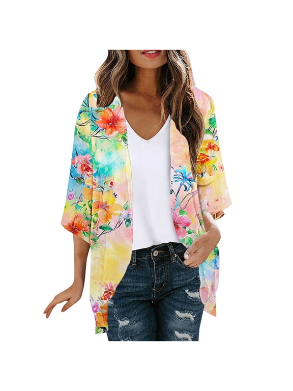 Women's 3/4 Sleeve Vintage Floral Kimono Cardigan – Lightweight Summer Cover-Up with Retro Prints, Loose Fit & Versatile Style for Casual, Travel & Layered Look