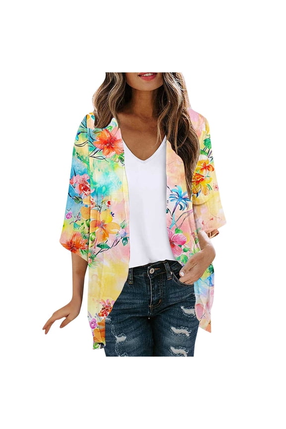 Women's 3/4 Sleeve Vintage Floral Kimono Cardigan – Lightweight Summer Cover-Up with Retro Prints, Loose Fit & Versatile Style for Casual, Travel & Layered Look