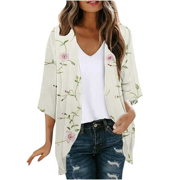 SwiftWear Women's 3/4 Sleeve Vintage Floral Kimono Cardigan – Lightweight Summer Cover-Up with Retro Prints, Loose Fit & Versatile Style for Casual, Travel & Layered Look