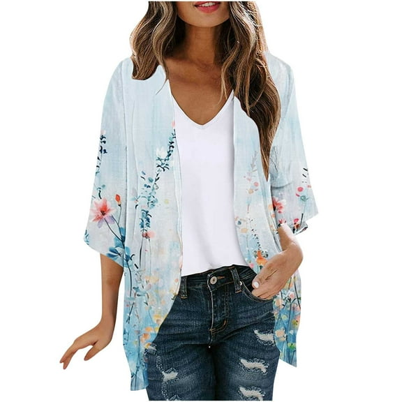 SwiftWear Women's 3/4 Sleeve Vintage Floral Kimono Cardigan – Lightweight Summer Cover-Up with Retro Prints, Loose Fit & Versatile Style for Casual, Travel & Layered Look