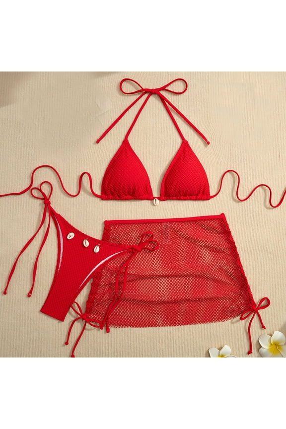 Women's 3-Piece Halter Bikini Set with Mesh Cover-Up High Waisted & Seashell Detail Beach Swimsuit