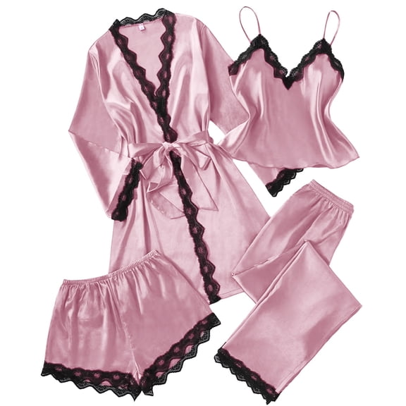 SwiftWear Women's 4-Piece Satin Pajama Set with Lace Trim, Long Sleeve Robe V-Neck Camisole Pants & Shorts, Plus Size Sleepwear Set, Pink