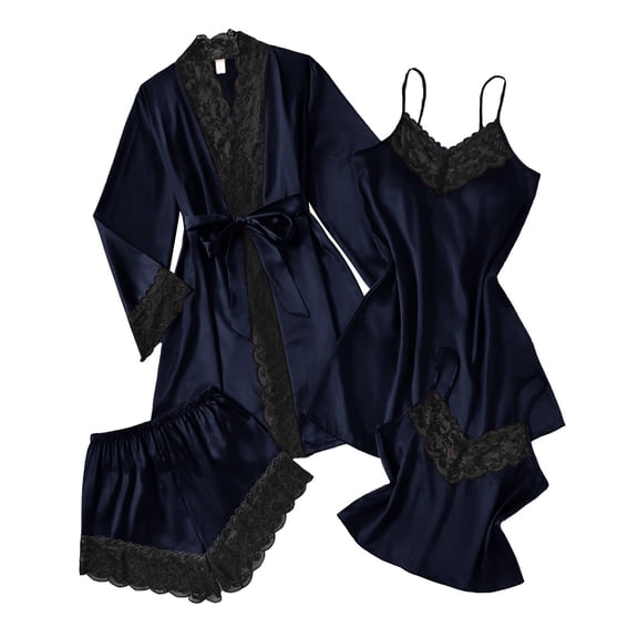 SwiftWear Women's 4-Piece Stretchy Satin Pajama Set Lace Trim Robe Nightgown Cami & Shorts Plus Size Sleepwear for Spring & Fall, Navy