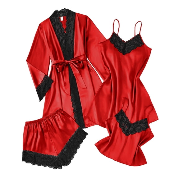 SwiftWear Women's 4-Piece Stretchy Satin Pajama Set Lace Trim Robe Nightgown Cami & Shorts Plus Size Sleepwear for Spring & Fall​, Red