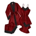 thumbnail image 1 of SwiftWear Women's 4-Piece Stretchy Satin Pajama Set Lace Trim Robe Nightgown Cami & Shorts Plus Size Sleepwear for Spring & Fall​, Wine, 1 of 7