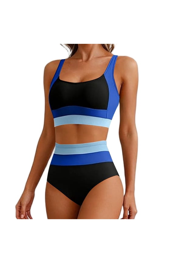 Women's Athletic Full Coverage Bikini Set Adjustable High Waisted Swimsuit Color Block Sport Swimwear