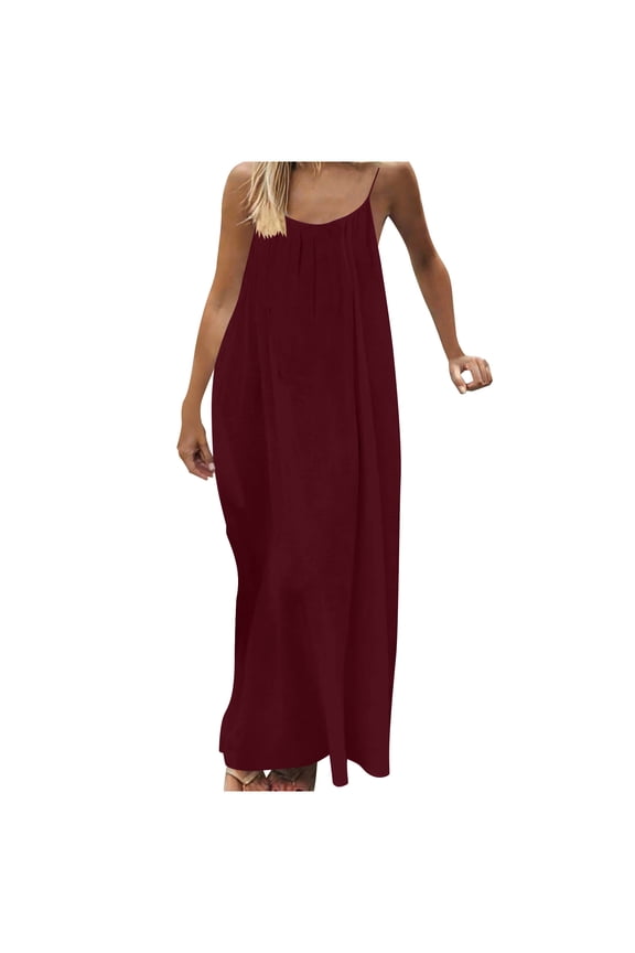 Women's Backless Spaghetti Strap Maxi Dresses Oversized Flowy Summer Vacation Beach Cover Up Dress (Strap style), Wine