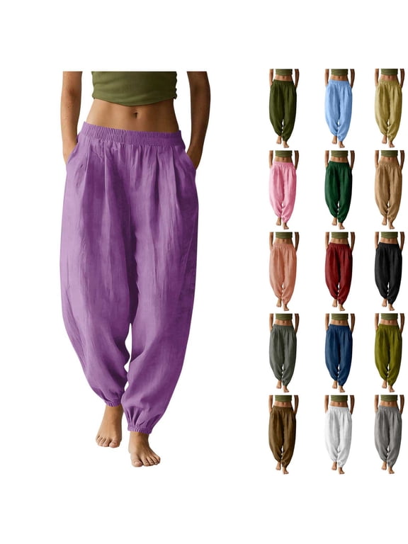 Women's Baggy Harem Pants with Pockets Casual Jogger Pants High Waisted Elastic Waist Cuffed Ankle Trousers, Brown