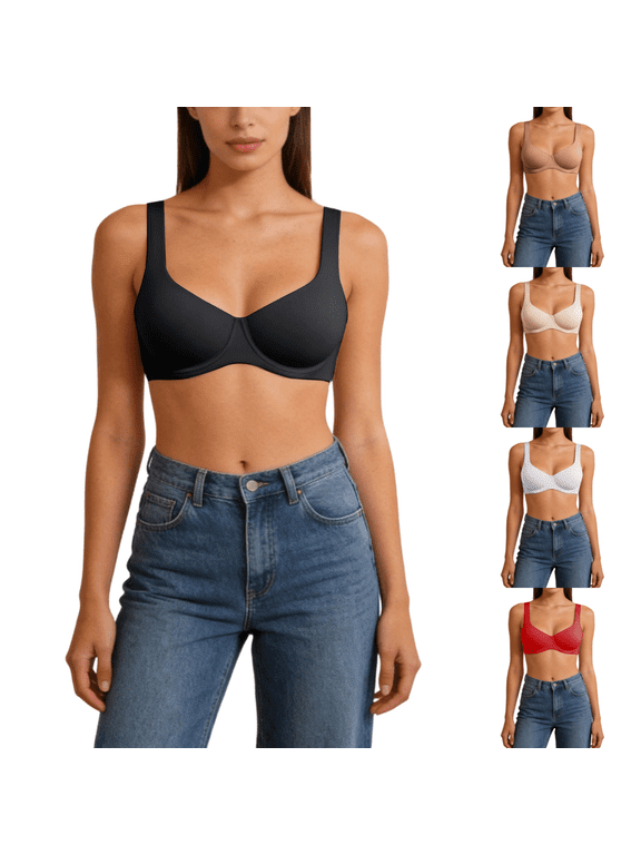 Women's Balconette Bra with Underwire Seamless Molded Cup Wide Strap Lift & Side Support Bra