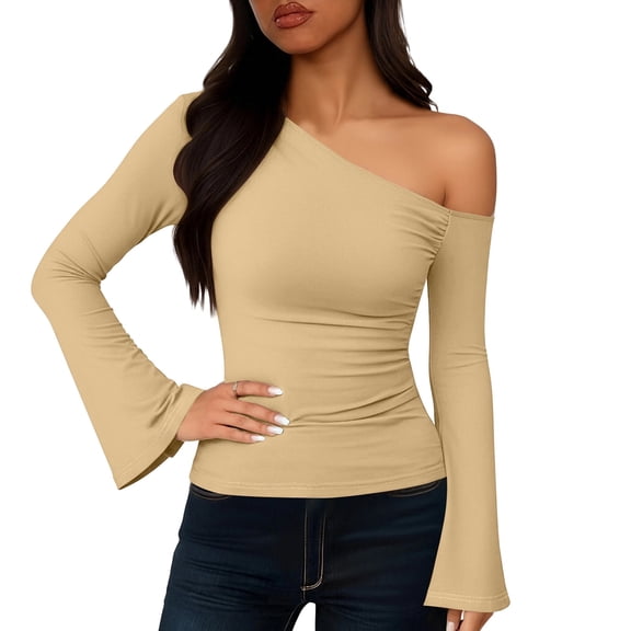 SwiftWear Women's Bell Sleeve Knit Tops One Shoulder Casual Blouse Stretchy Slim Fit Long Sleeve Shirt ​​ Beige