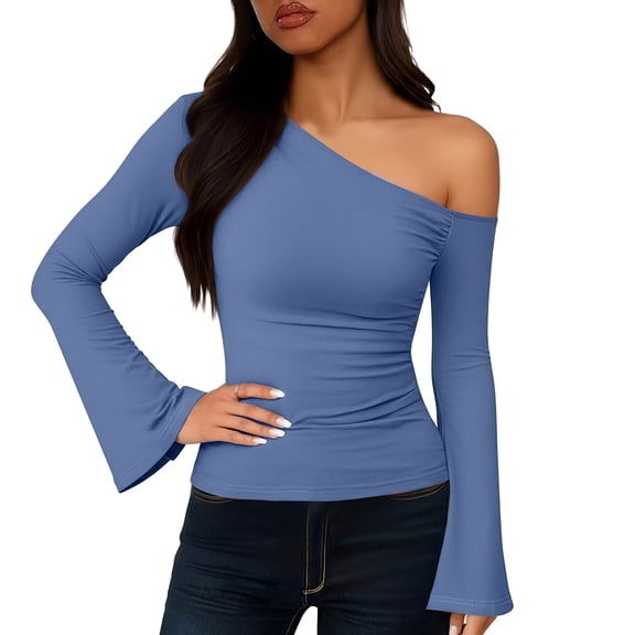 SwiftWear Women's Bell Sleeve Knit Tops One Shoulder Casual Blouse Stretchy Slim Fit Long Sleeve Shirt ​​ Blue