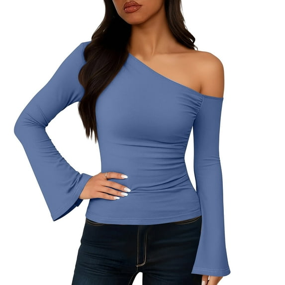 SwiftWear Women's Bell Sleeve Knit Tops One Shoulder Casual Blouse Stretchy Slim Fit Long Sleeve Shirt Blue