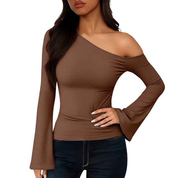 SwiftWear Women's Bell Sleeve Knit Tops One Shoulder Casual Blouse Stretchy Slim Fit Long Sleeve Shirt ​​ Brown