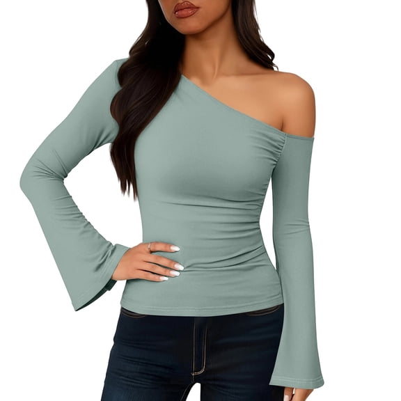 SwiftWear Women's Bell Sleeve Knit Tops One Shoulder Casual Blouse Stretchy Slim Fit Long Sleeve Shirt ​​ Green