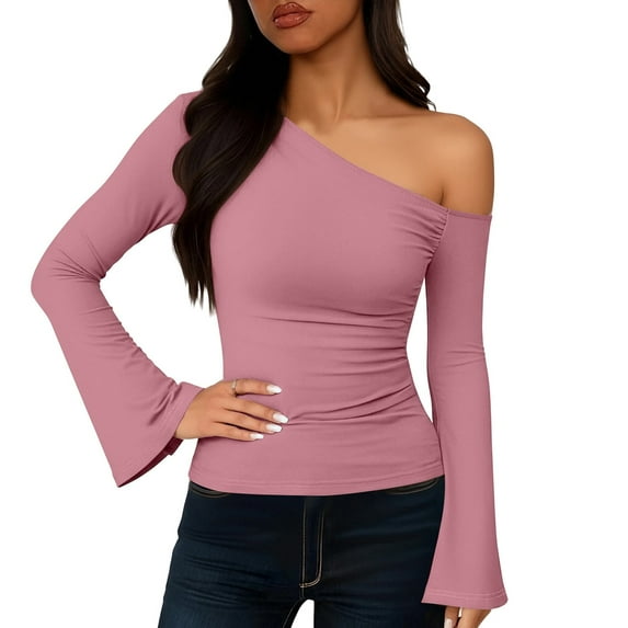 SwiftWear Women's Bell Sleeve Knit Tops One Shoulder Casual Blouse Stretchy Slim Fit Long Sleeve Shirt Pink