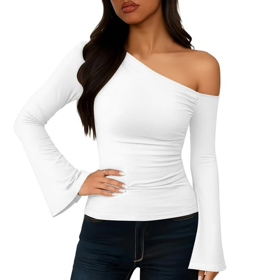 SwiftWear Women's Bell Sleeve Knit Tops One Shoulder Casual Blouse Stretchy Slim Fit Long Sleeve Shirt White