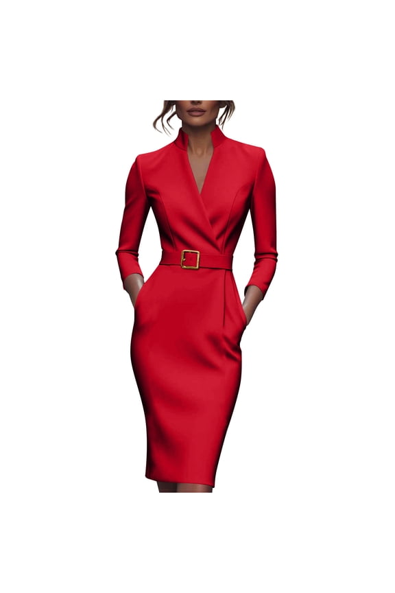 Women's Belted V-Neck Midi Dress Professional Long Sleeve Office Wear, Elegant Slim Fit Pencil Work Dress for Business Casual​, Red