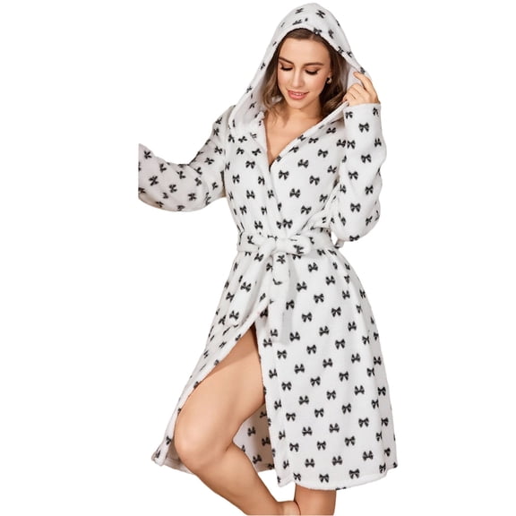 SwiftWear Women's Black Bow Print Flannel Bath Robe Cute Long Sleeve Hooded Bathrobe Cozy Winter Loungewear with Belt & Pockets for Home, Black