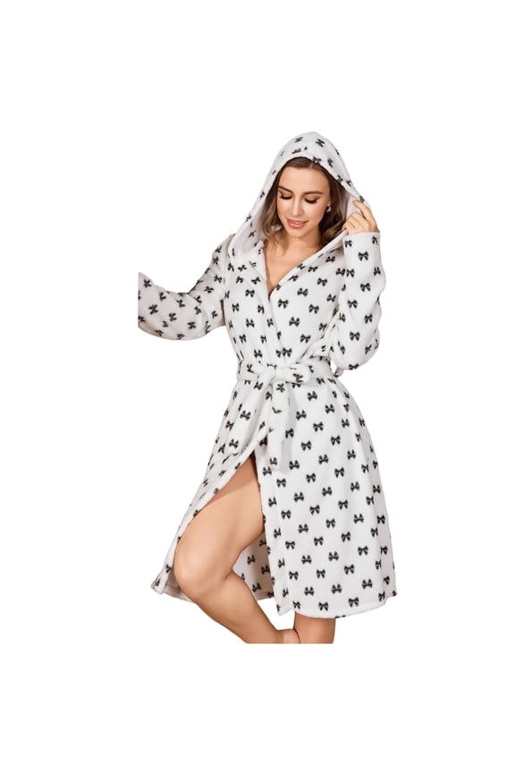 Women's Black Bow Print Flannel Bath Robe Cute Long Sleeve Hooded Bathrobe Cozy Winter Loungewear with Belt & Pockets for Home, Black
