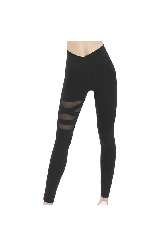 Women's Black Mesh Yoga Leggings - High Waisted Tummy Control Solid Color Workout Pants Plus Size Stretchy & Breathable​