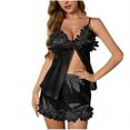 thumbnail image 1 of SwiftWear Women's Black/Pink Satin Deep V-Neck Pajama Set - Summer Cami with 3D Floral Trim & Shorts Pajamas Set , Elegant Sleepwear, 1 of 6