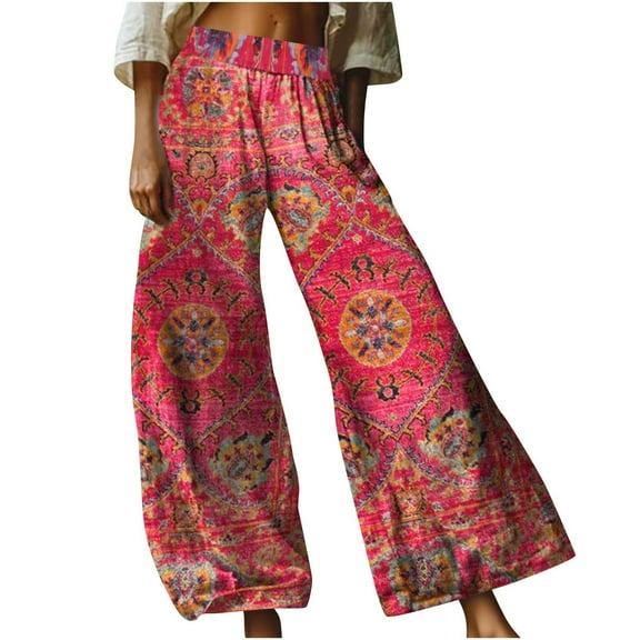 SwiftWear Women's Bohemian Floral Print Linen-Look Wide Leg Pants with Drawstring Waist, Flowy Casual Trousers with Pockets, Comfortable Beachwear Palazzo Trousers S-2XL