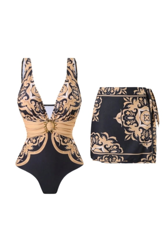 Women's Boho Floral One Piece Swimsuit Set Plunge V-Neck & Wrap Shorts Tummy Control Bathing Suit