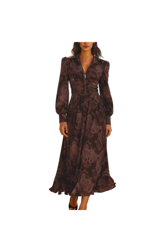 Women's Boho Floral V-Neck Long Sleeve Maxi Dress with Puff Sleeves, High Waist Flowy Wedding Guest Dress Travel Vacation & Casual Elegant Style, Coffee