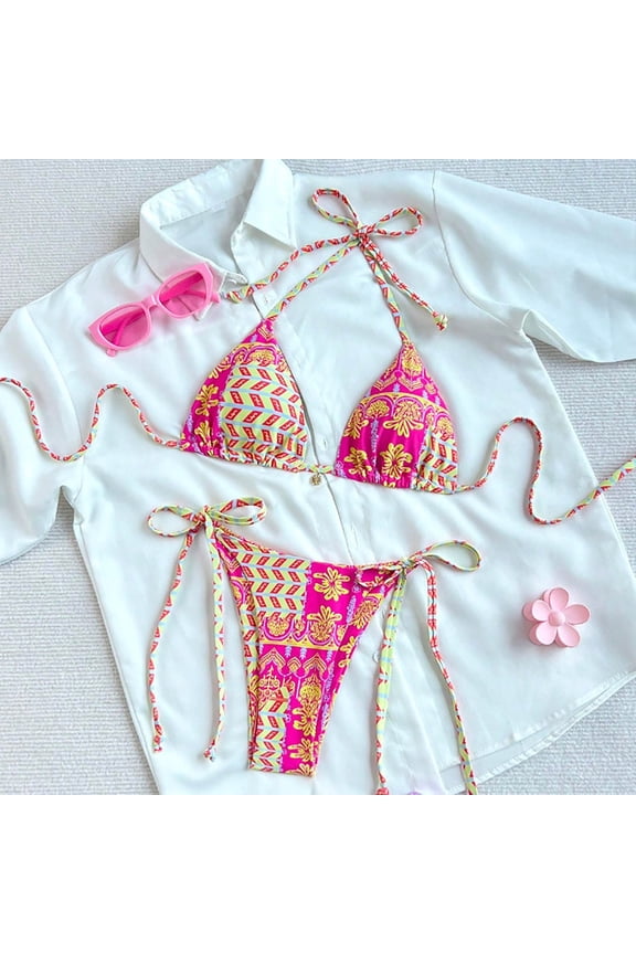 SwiftWear Women's Boho Halter Bikini Sets Halter High-Waisted Retro Print Two-Piece Swimsuits Adjustable Triangle Top Cheeky Bathing Suit