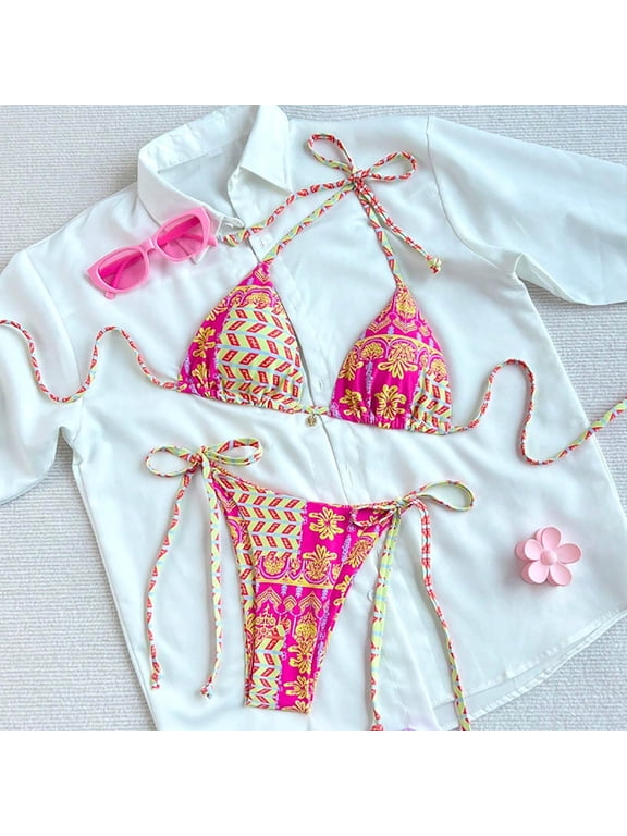 Women's Boho Halter Bikini Sets Halter High-Waisted Retro Print Two-Piece Swimsuits Adjustable Triangle Top Cheeky Bathing Suit