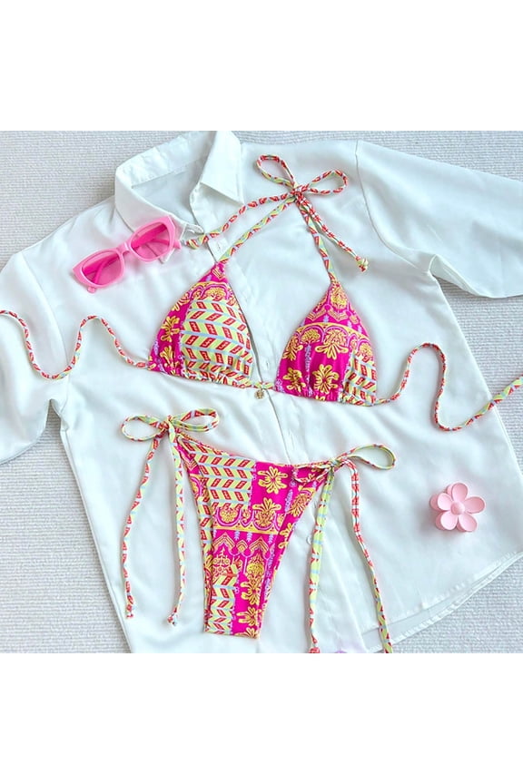 SwiftWear Women's Boho Halter Bikini Sets Halter High-Waisted Retro Print Two-Piece Swimsuits Adjustable Triangle Top Cheeky Bathing Suit