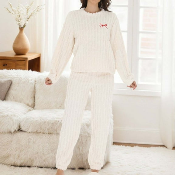 SwiftWear Women's Bow Detail Pajama Set Cozy Cute Loungewear Soft Long Sleeve Top with Pants Comfortable White Sleepwear