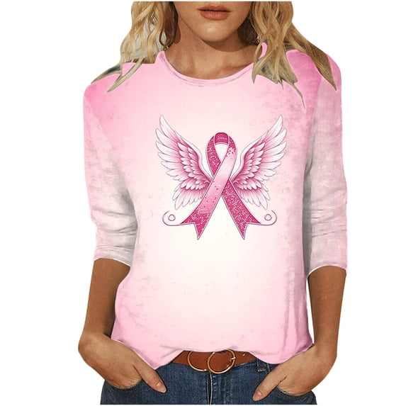 SwiftWear Women's Breast Cancer Awareness Ribbon 3/4 Length Sleeve Crewneck Graphic Tops Loose Fit Soft Casual Tee Shirts Pink