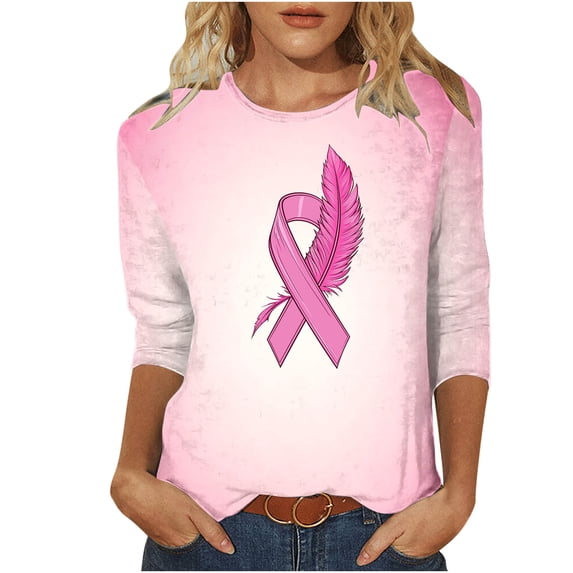 SwiftWear Women's Breast Cancer Awareness Ribbon 3/4 Length Sleeve Crewneck Graphic Tops Loose Fit Soft Casual Tee Shirts Pink