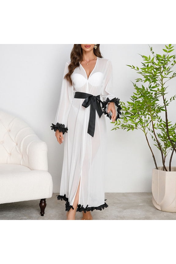 Women's Bridal Robe with Ruffle Trim - Sheer Lace Sleeves & Waist Tie Elegant Deep V-Neck Bath Cover up Robes for Wedding, White