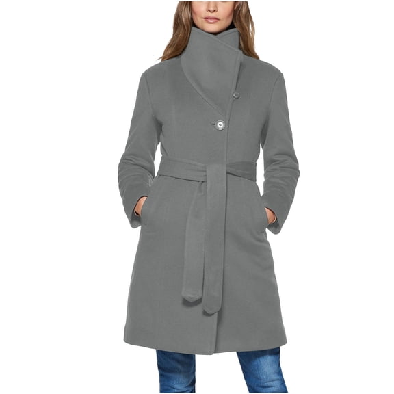SwiftWear Women's Burgundy High Collar Single-Breasted Trench Coat Belted Wool-Like Long Sleeve Overcoat with Side Pockets, Elegant Winter Outerwear
