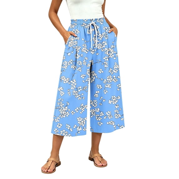 SwiftWear Women's Capri Pants Wide Leg Loose Casual Summer Beach Pants with Pockets Elastic Drawstring Waist Flowy Palazzo Trousers