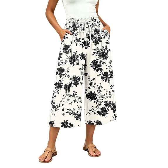 SwiftWear Women's Capri Pants Wide Leg Loose Casual Summer Beach Pants with Pockets Elastic Drawstring Waist Flowy Palazzo Trousers